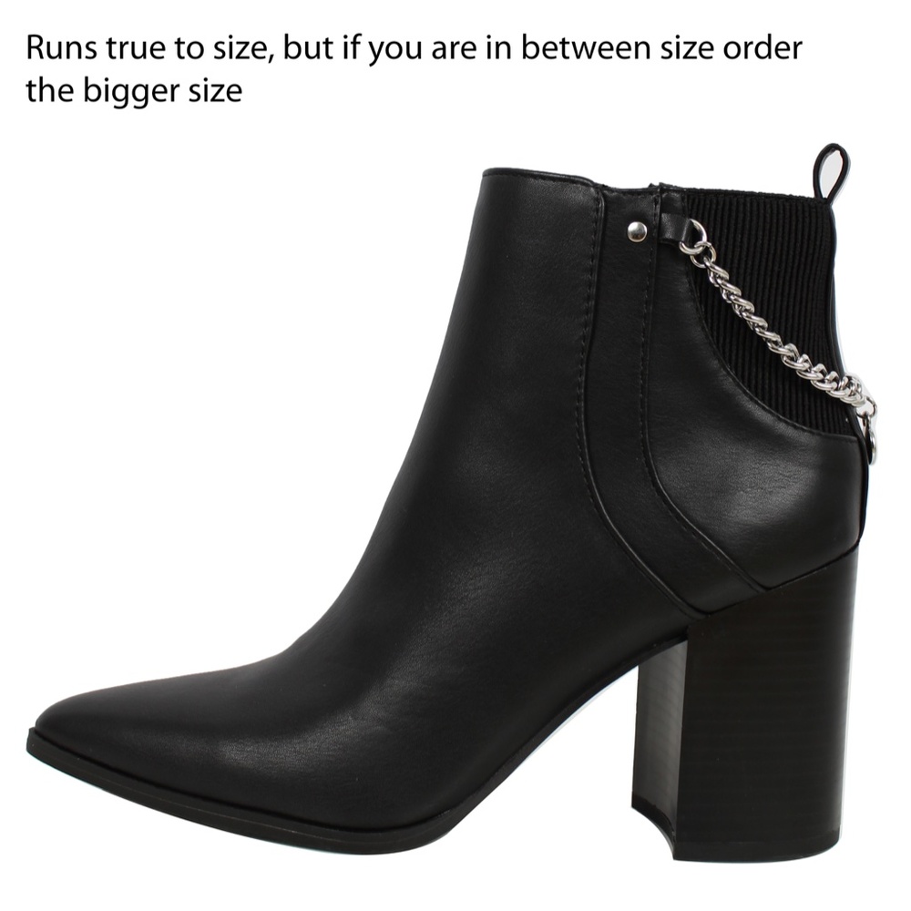 Size 8 Black Pointy Toe Chain Lace Stacked Block Heel Ankle Bootie - Picture 2 of 6